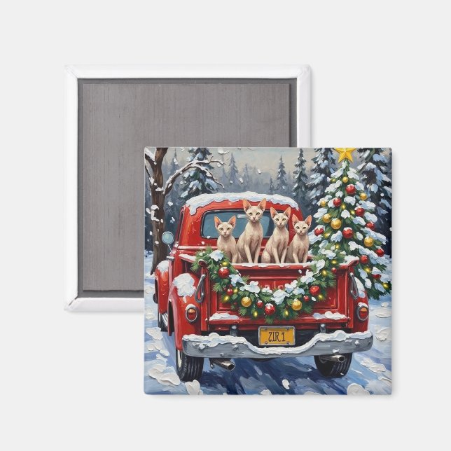 Sphynx Cat Christmas Red Truck Holiday Magnet (Front/Back)