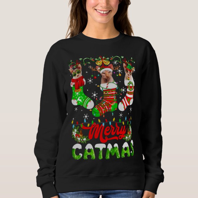 Sphynx Cat Christmas Santa Hat Scarf Holiday Cute Sweatshirt (Front)