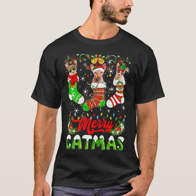 Sphynx Cat Christmas Santa Hat Scarf Holiday Cute T-Shirt (Front)