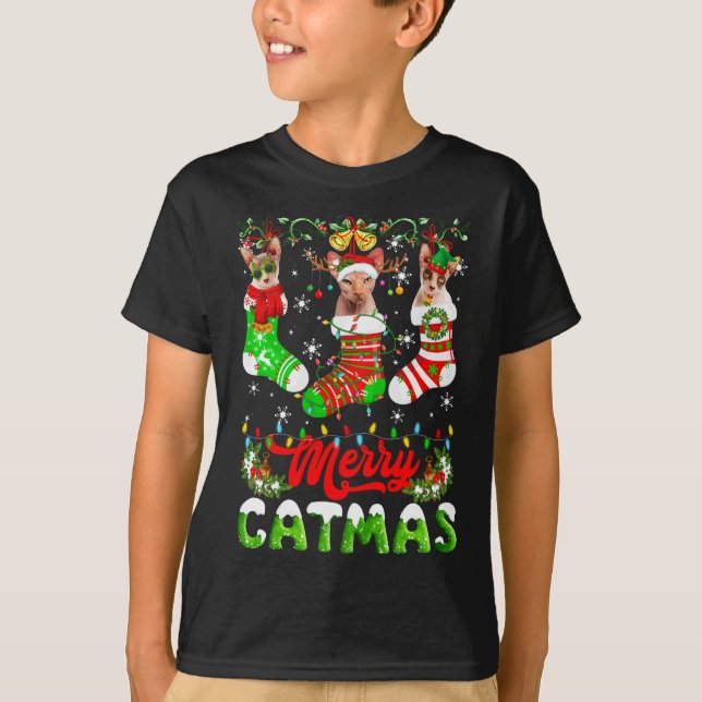 Sphynx Cat Christmas Santa Hat Scarf Holiday Cute T-Shirt (Front)