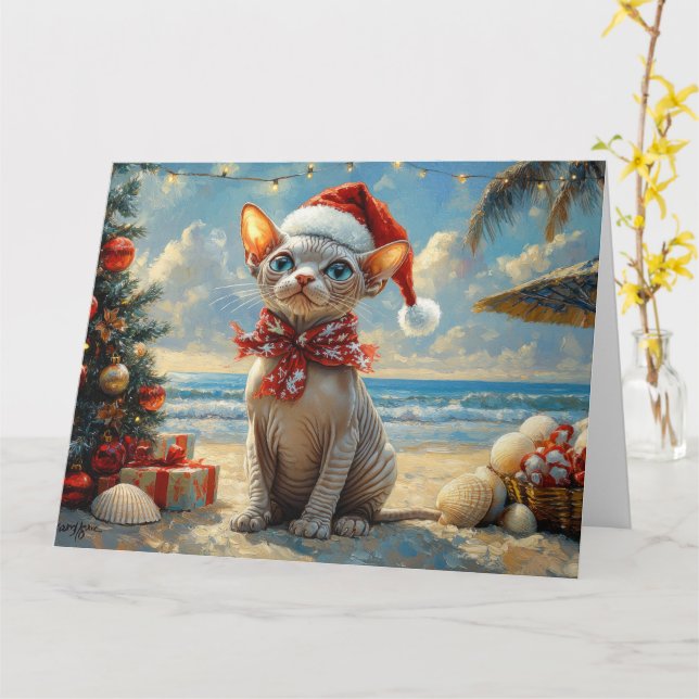 Sphynx Cat Christmas Vintage Beach  Card (Yellow Flower)