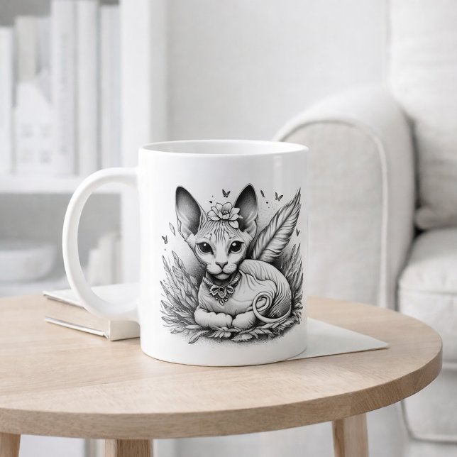 Sphynx Cat Fairy Vintage Line Art Coffee Mug (Creator Uploaded)