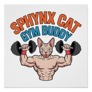 Sphynx Cat Gym Buddy Muscular Cartoon Art Poster