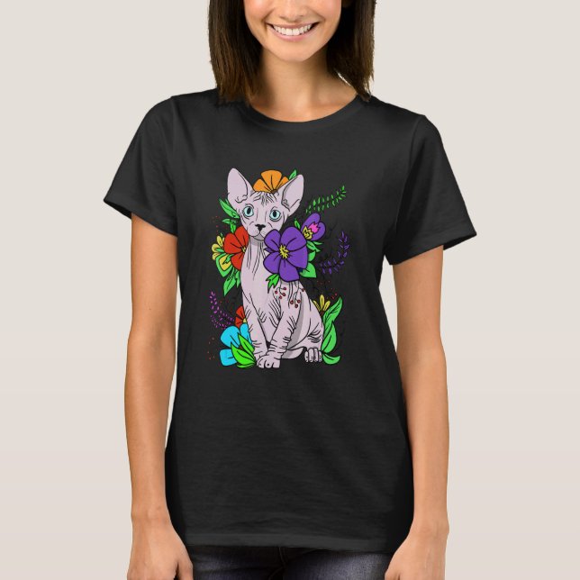 Sphynx Cat Hairless Kitten Floral Flowers T-Shirt (Front)