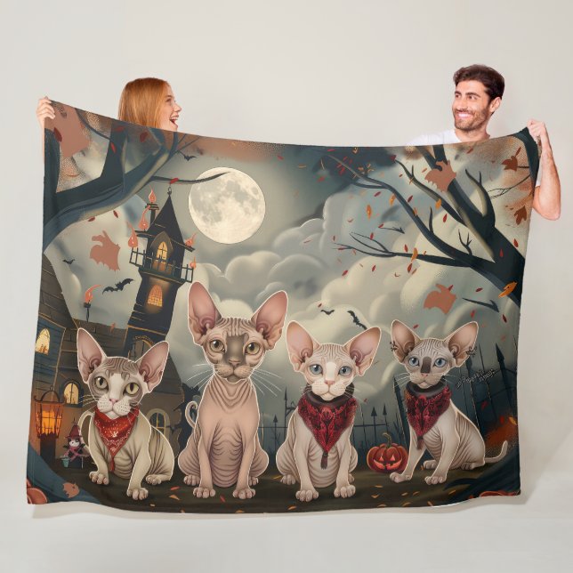 Sphynx Cat Halloween Spooky Fleece Blanket (In Situ)