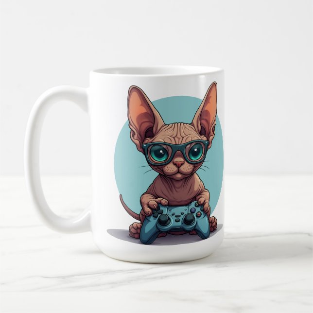 Sphynx Cat Holding Game Controller Coffee Mug (Left)