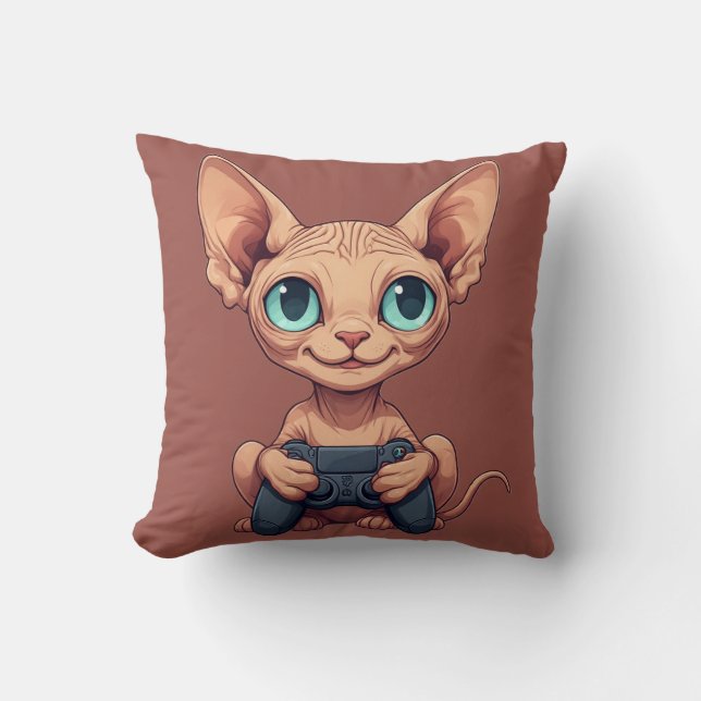 Sphynx Cat Holding Game Controller Cushion (Front)