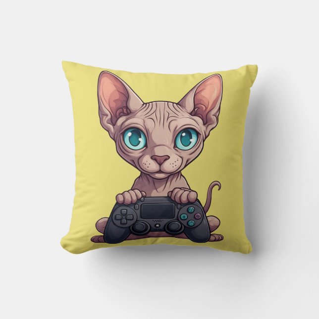 Sphynx Cat Holding Game Controller Cushion (Front)