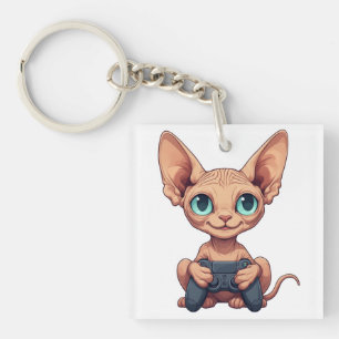 Sphynx Cat Holding Game Controller Key Ring