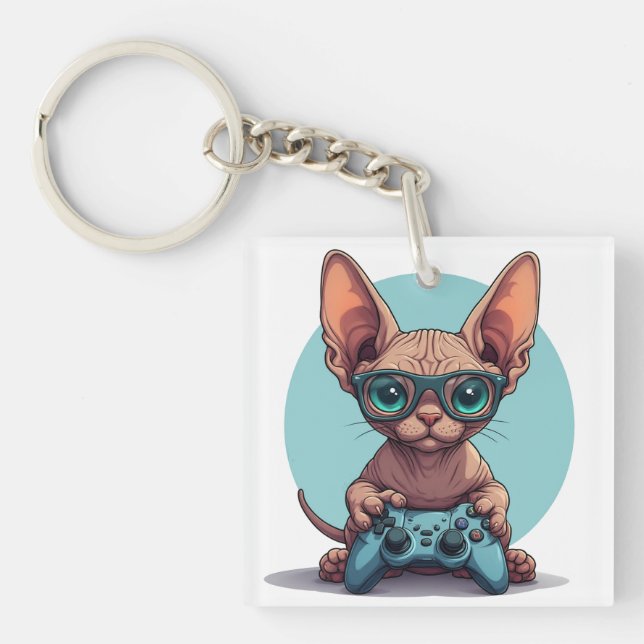 Sphynx Cat Holding Game Controller Key Ring (Front)
