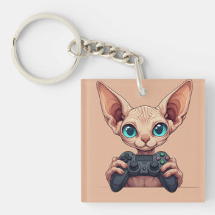 Sphynx Cat Holding Game Controller Key Ring