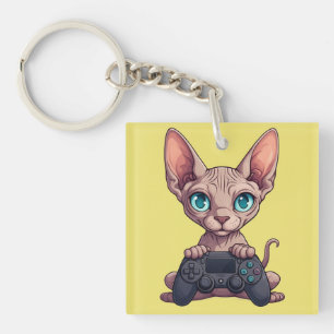 Sphynx Cat Holding Game Controller Key Ring