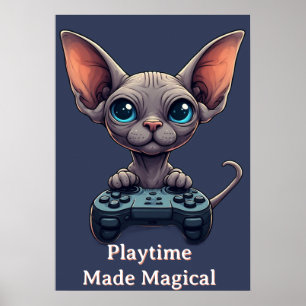 Sphynx Cat Holding Game Controller Poster