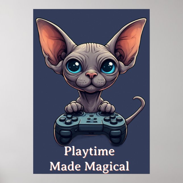 Sphynx Cat Holding Game Controller Poster (Front)