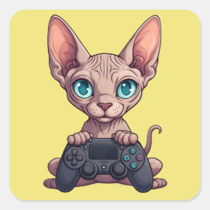 Sphynx Cat Holding Game Controller Square Sticker
