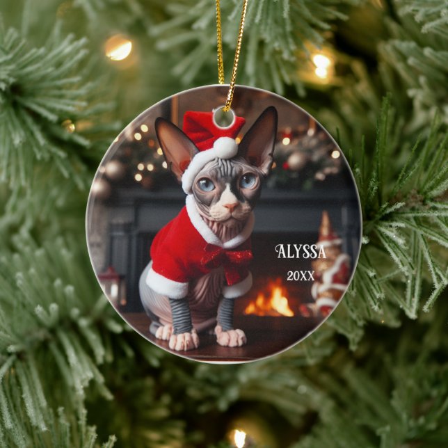 Sphynx Cat in Santa Hat Christmas Ceramic Ornament (Tree)