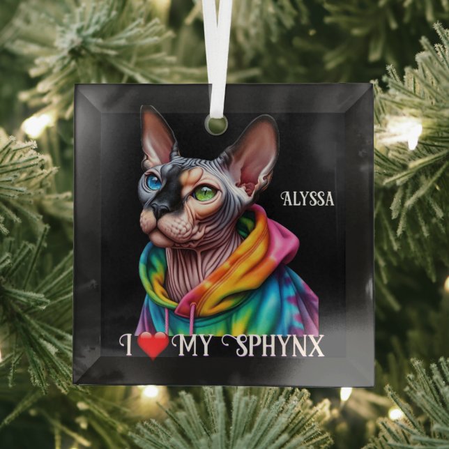 Sphynx Cat Love Black Glass Tree Decoration (Insitu)