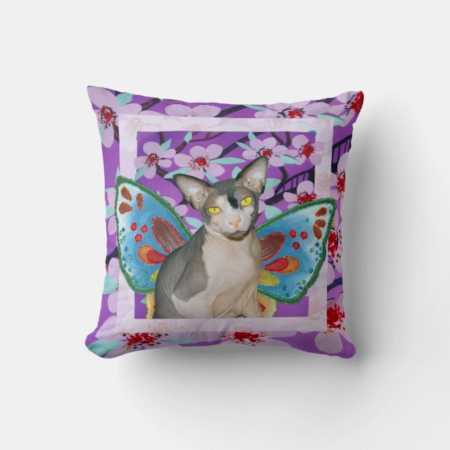 Sphynx Cat Ninja Fairy Purple Flower Cushion (Front)