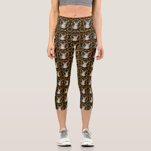 Sphynx Cat Ninja Retro pattern black and gold Capri Leggings