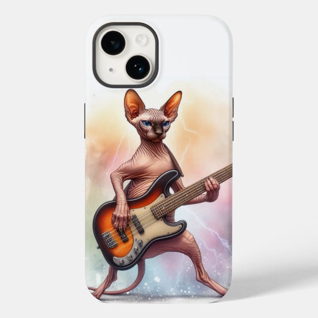 Sphynx Cat Playing Bass Guitar Musician Phone Case (Back)