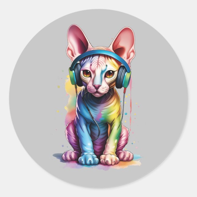 Sphynx Cat Rainbow Headphones Classic Round Sticker (Front)