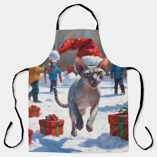 Sphynx Cat Running in Snow with Christmas Hat Apron (Front)