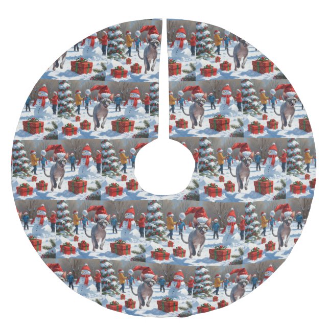 Sphynx Cat Running in Snow with Christmas Hat Brushed Polyester Tree Skirt (Front)