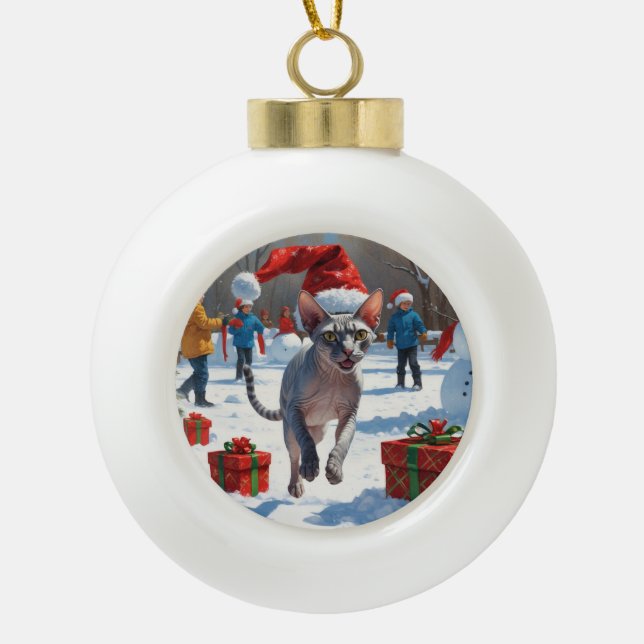 Sphynx Cat Running in Snow with Christmas Hat Ceramic Ball Christmas Ornament (Front)
