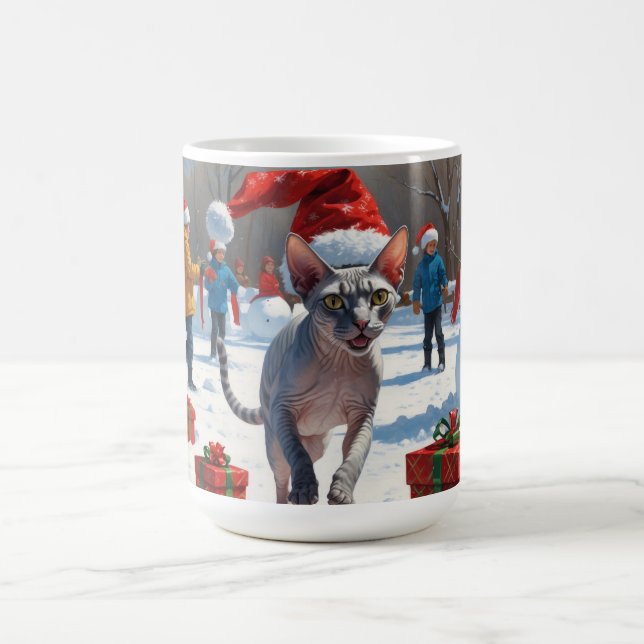 Sphynx Cat Running in Snow with Christmas Hat Coffee Mug (Center)