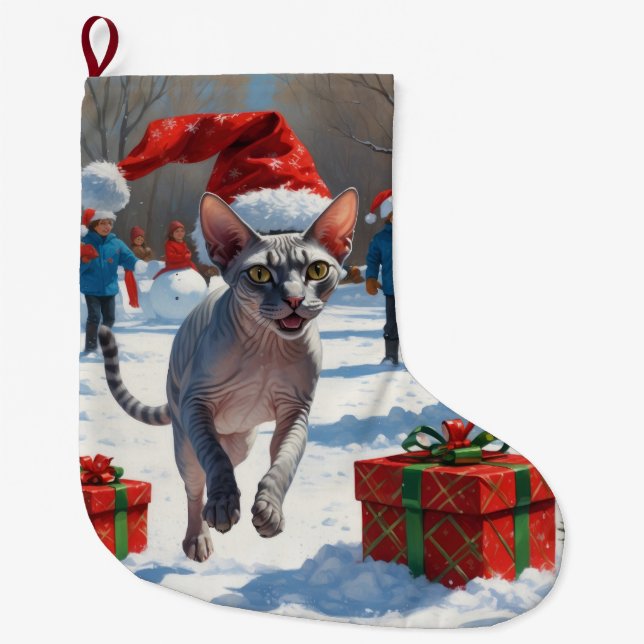 Sphynx Cat Running in Snow with Christmas Hat Large Christmas Stocking (Front)