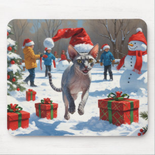 Sphynx Cat Running in Snow with Christmas Hat Mouse Pad
