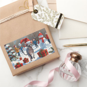 Sphynx Cat Running in Snow with Christmas Hat Rectangular Sticker