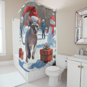 Sphynx Cat Running in Snow with Christmas Hat Shower Curtain
