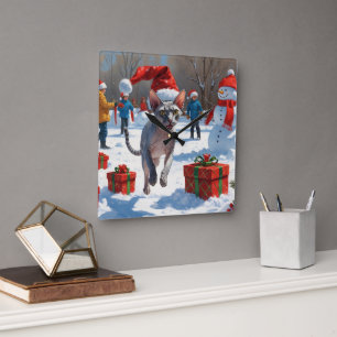 Sphynx Cat Running in Snow with Christmas Hat Square Wall Clock