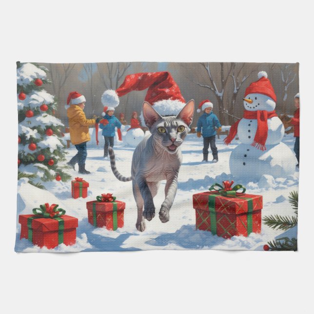 Sphynx Cat Running in Snow with Christmas Hat Tea Towel (Horizontal)