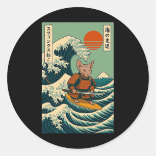 Sphynx Cat Samurai Surfing Japanese Wave Classic Round Sticker
