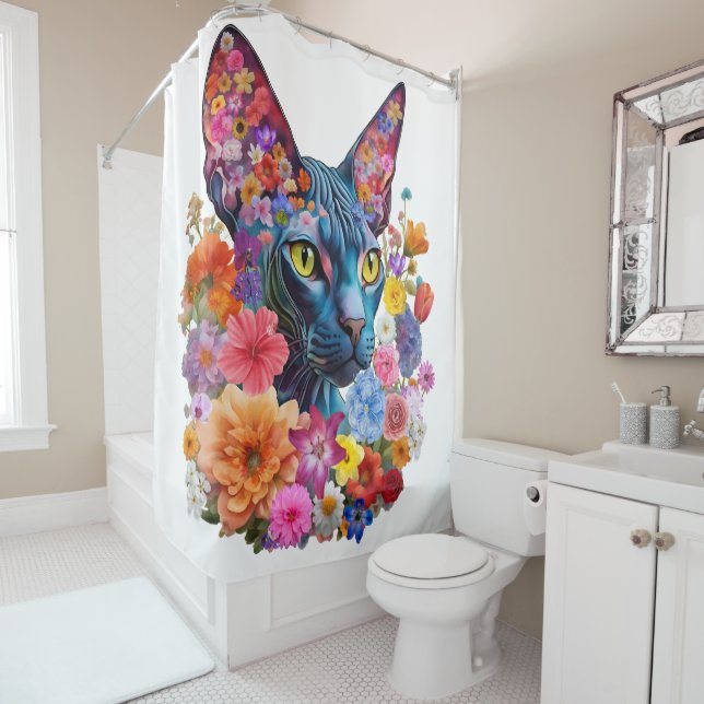Sphynx Cat Shower Curtain Floral Bathroom Decor  (In Situ)