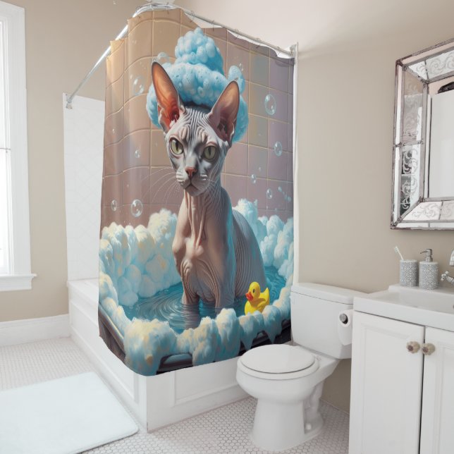 Sphynx Cat Sloppy Sleepy Cute Funny Shower Curtain (In Situ)