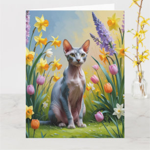 Sphynx Cat Spring Flowers Painting Card