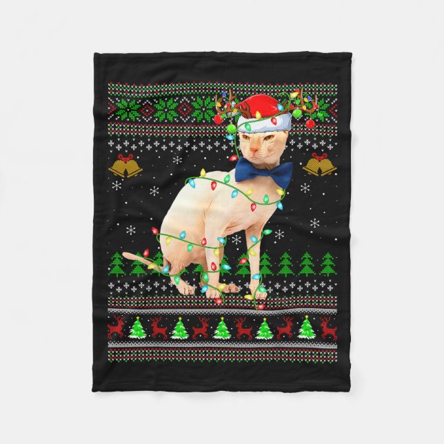 Sphynx Cat Ugly Christmas Sweaters Holiday Santa C Fleece Blanket (Front)