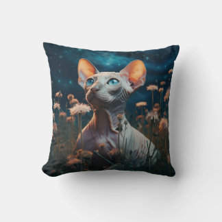 Sphynx Cat & Vibrant Flowers – Whimsical Art Cushion