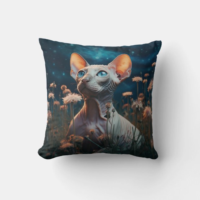 Sphynx Cat & Vibrant Flowers – Whimsical Art Cushion (Front)