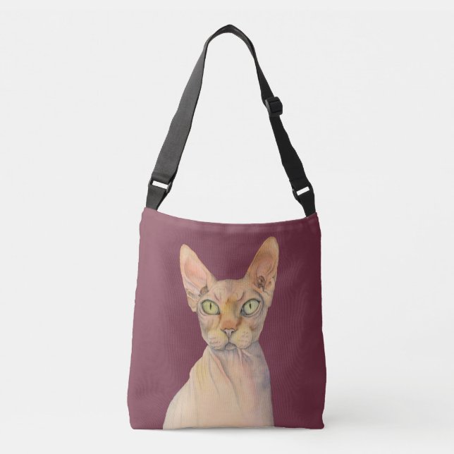 Sphynx Cat Watercolor Portrait Crossbody Bag (Front)