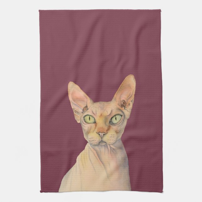 Sphynx Cat Watercolor Portrait Tea Towel (Vertical)