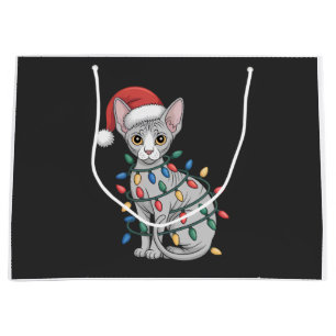Sphynx Cat Wearing a Santa Hat and Wrapped in Xmas Large Gift Bag