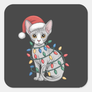 Sphynx Cat Wearing a Santa Hat and Wrapped in Xmas Square Sticker