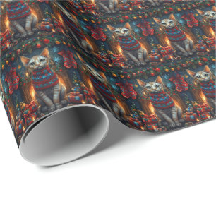 Sphynx Cat With Christmas Gifts Fireplace Wrapping Paper