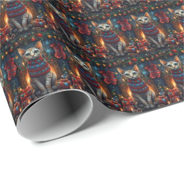 Sphynx Cat With Christmas Gifts Fireplace Wrapping Paper (Roll Corner)