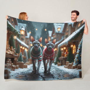 Sphynx Cats Christmas Snow Holiday Fleece Blanket