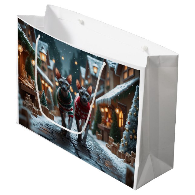 Sphynx Cats Christmas Snow Holiday Large Gift Bag (Front Angled)
